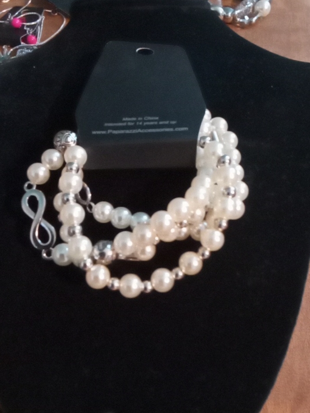 paparazzi White Pearl and Silver Infinity Multi-Strand Bracelet